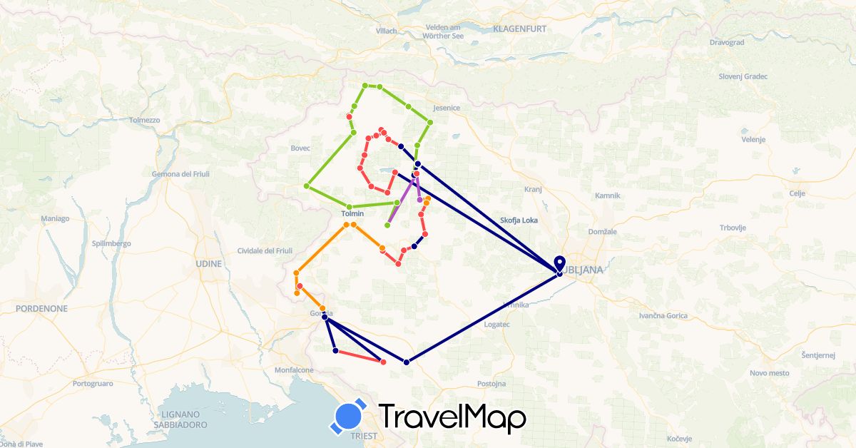 TravelMap itinerary: driving, train, hiking, hitchhiking, electric vehicle in Slovenia (Europe)